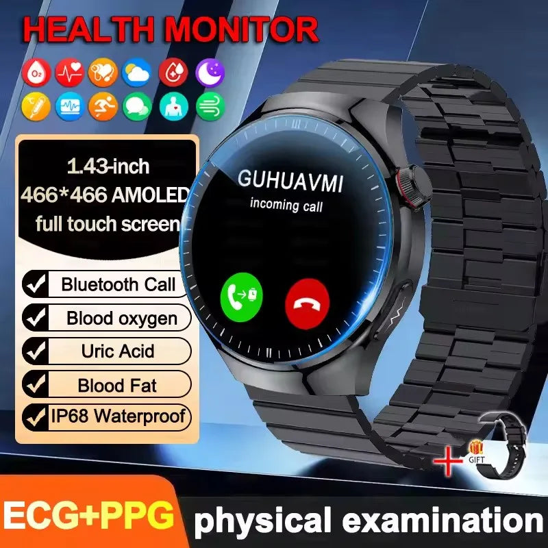 2025 New ECG Blood Pressure Blood Oxygen Blood Lipids Uric Acid Heart Rate Temperature Monitor AMOLED Bluetooth Call Smart Watch