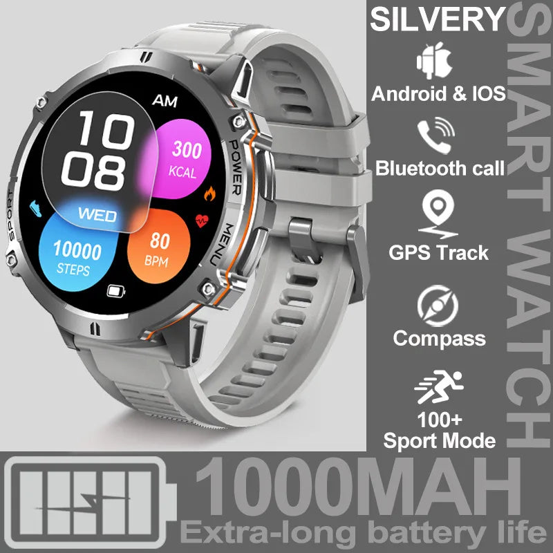NEW 1000MAH Super endurance Sport Smart Watch Men 1.73-inch HD Screen GPS tracker Compass Bluetooth Call Waterproof Smart Watch