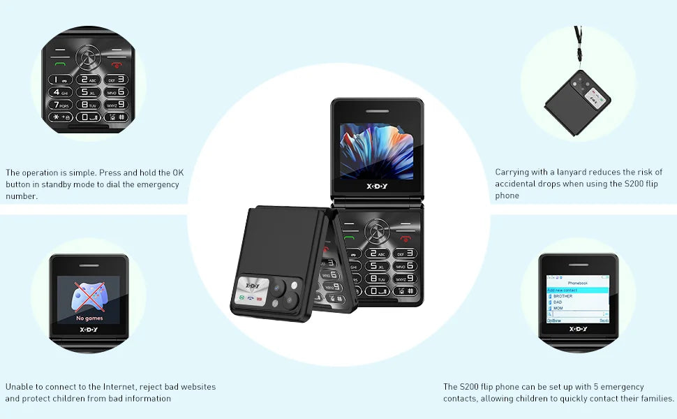 XGODY S200 Mini Smartphones Pocket 2G Dual SIM 2.4 inch Bluetooth Small Mobile Phone 1300mAh Battery Large Button Flip Foldable