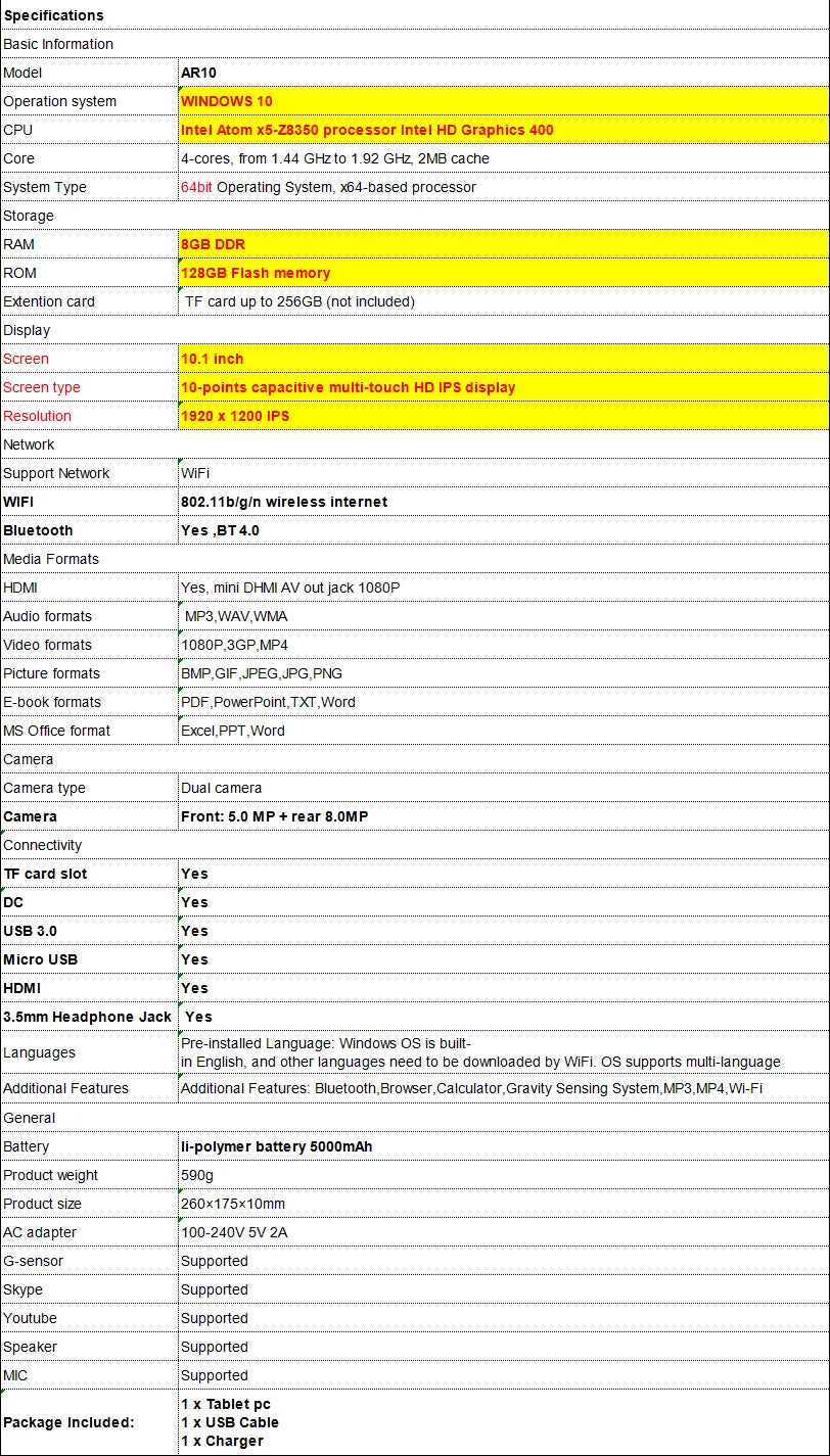 Hot Sales 64 Bit 10.1 INCH X5-Z8350 CPU 8GBRAM 128GB ROM Windows 10 Tablet PC AR10 Tablet PC 1920*1200 IPS Screen WIFI  HDMI-C