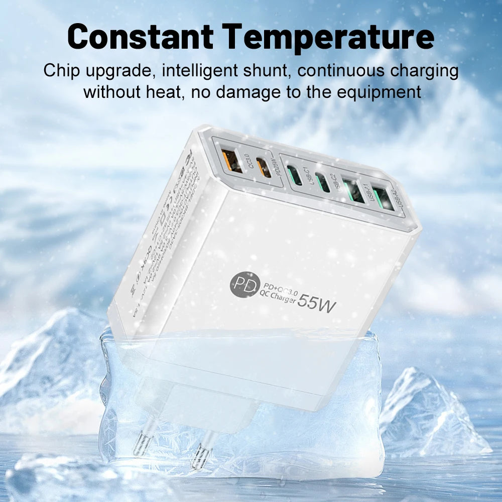 55W 3 USB 3 PD Charger Fast Charging QC3.0 Travel Charger For iPhone 15 14 Samsung Xiaomi Mobile Phone Adapter EU KR US UK Plug