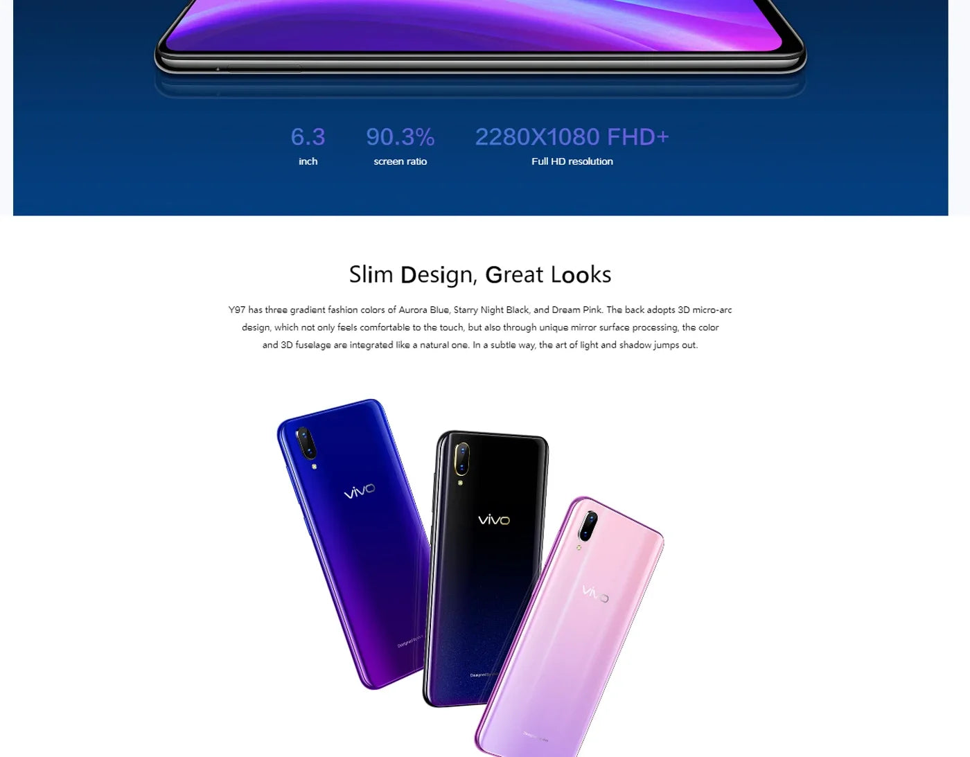 VIVO Y97 4G Smartphone MediaTek P60 6.3 Inch 8GB RAM 256GB ROM All Colours in Good Condition Original Android Used Phone