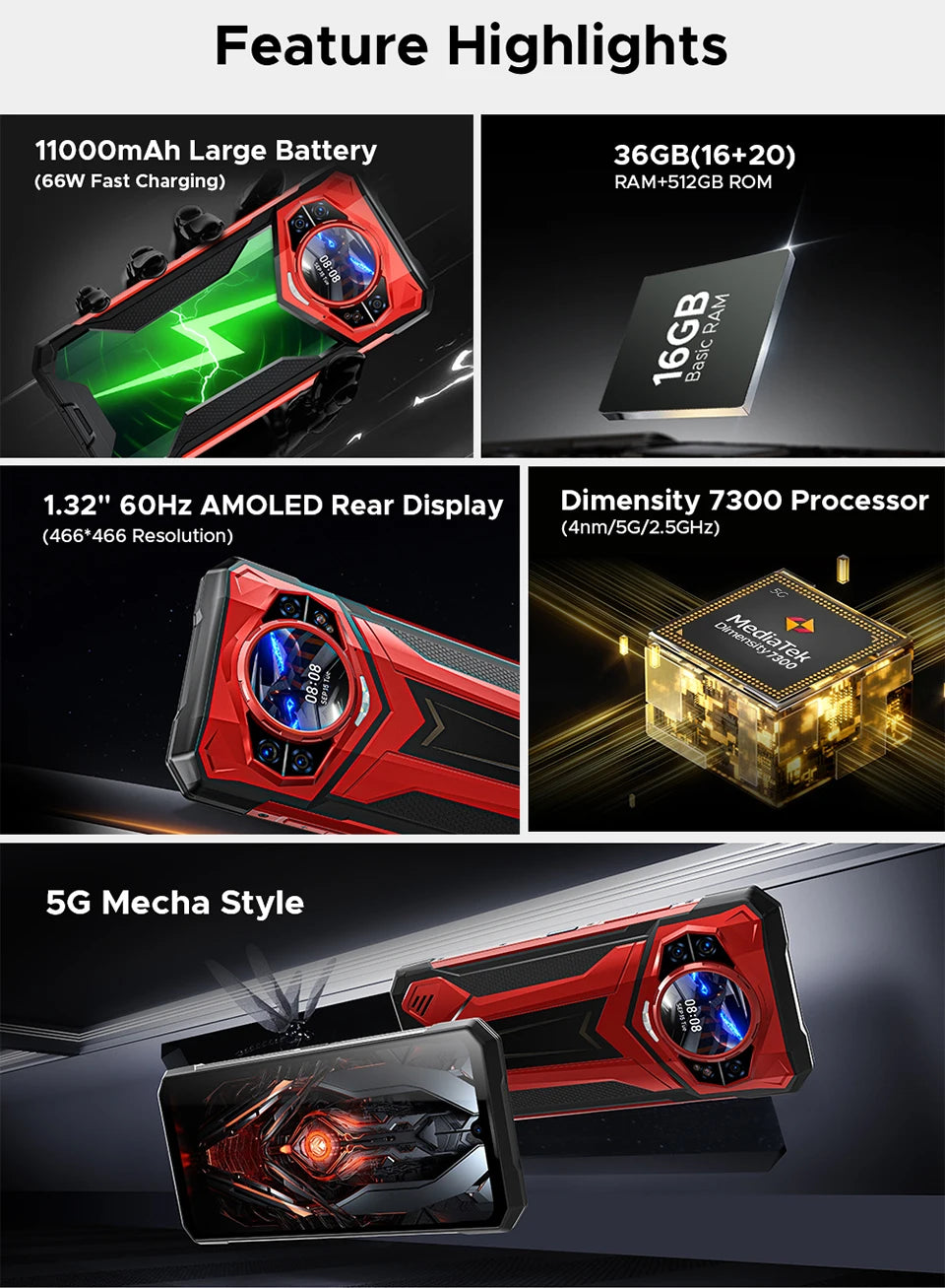 DOOGEE S200 Plus 5G Rugged Phone 1.32" Rear Display AI Image 6.72'' Screen 16GB 512GB 11000 mAh Battery Android 15 Smartphone