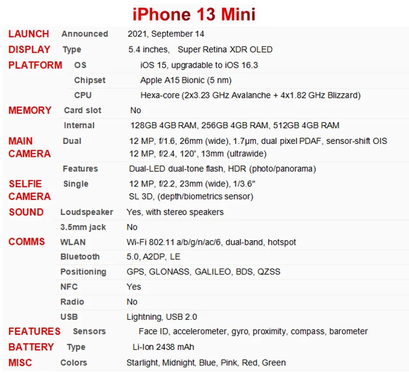 Apple iPhone 13 Mini 13Mini Original 5.4" OLED 128/256/512GB ROM A15 Bionic IOS Face ID NFC Unlocked 5G 99% New Mobile Phone