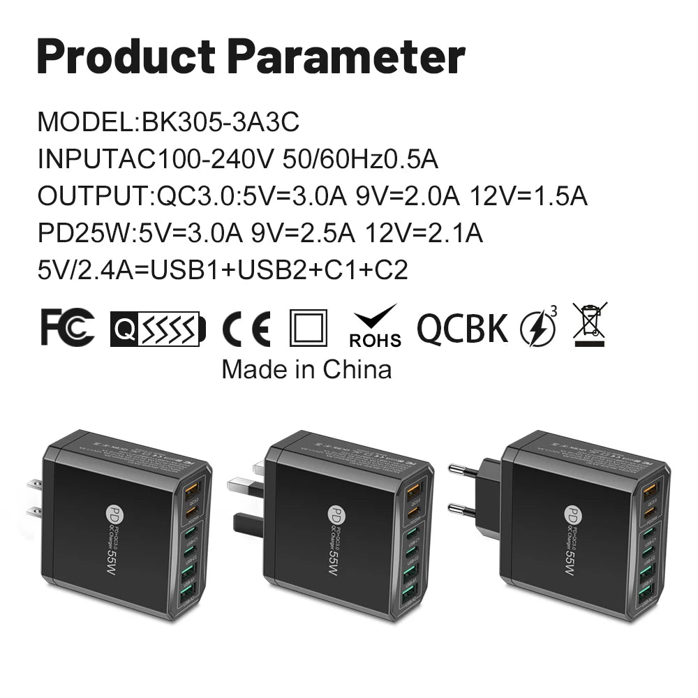 55W 3 USB 3 PD Charger Fast Charging QC3.0 Travel Charger For iPhone 15 14 Samsung Xiaomi Mobile Phone Adapter EU KR US UK Plug