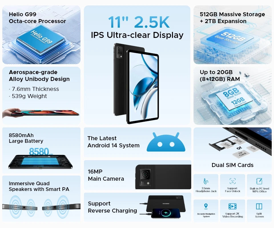 DOOGEE T40 Android Tablet 14 11 ''IPS 2.5K 8GB RAM 512GB ROM Helio G99 8580mAh 18W Charge Face Unlock 7.6mm ultra-thin Tablet