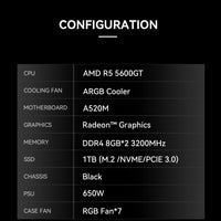 YEAH MAGIC Gaming Desktop AMD Ryzen 5 5600GT 3.9GHz 16GB(8G*2) DDR4 3200 1T NVME SSD ARGB 7 Fans Win 11 Home Gamer Desktop Compu