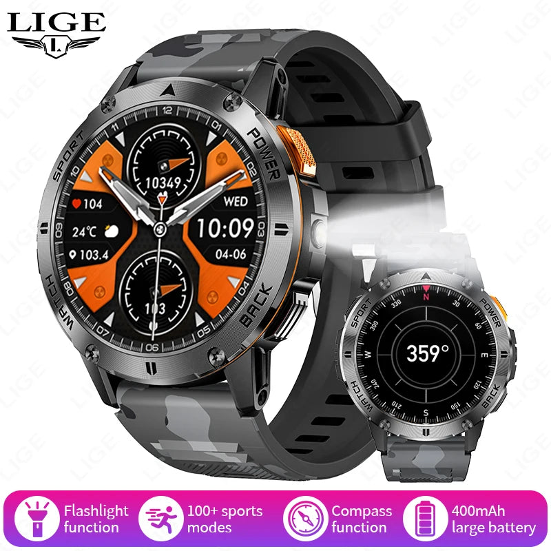 LIGE Outdoor Military Smart Watch Men 1.53" AMOLED Screen GPS trackr Waterproof Bluetooth Call Sports Braceletes For Android IOS