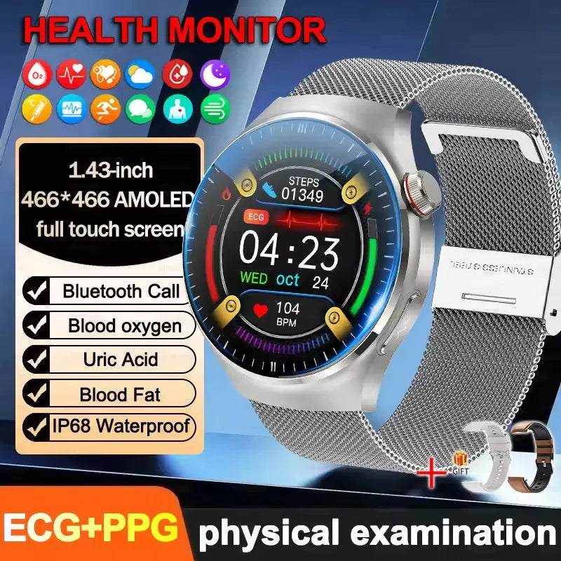 2025 New ECG Blood Pressure Blood Oxygen Blood Lipids Uric Acid Heart Rate Temperature Monitor AMOLED Bluetooth Call Smart Watch