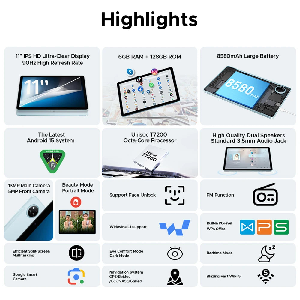 【Brand+】Doogee Tab A9 Pro+ Tablet Pc 11-Inch Android 15 30Gb Ram(6+24) 128Gb Rom 8580Mah Battery Widevine L1 Support