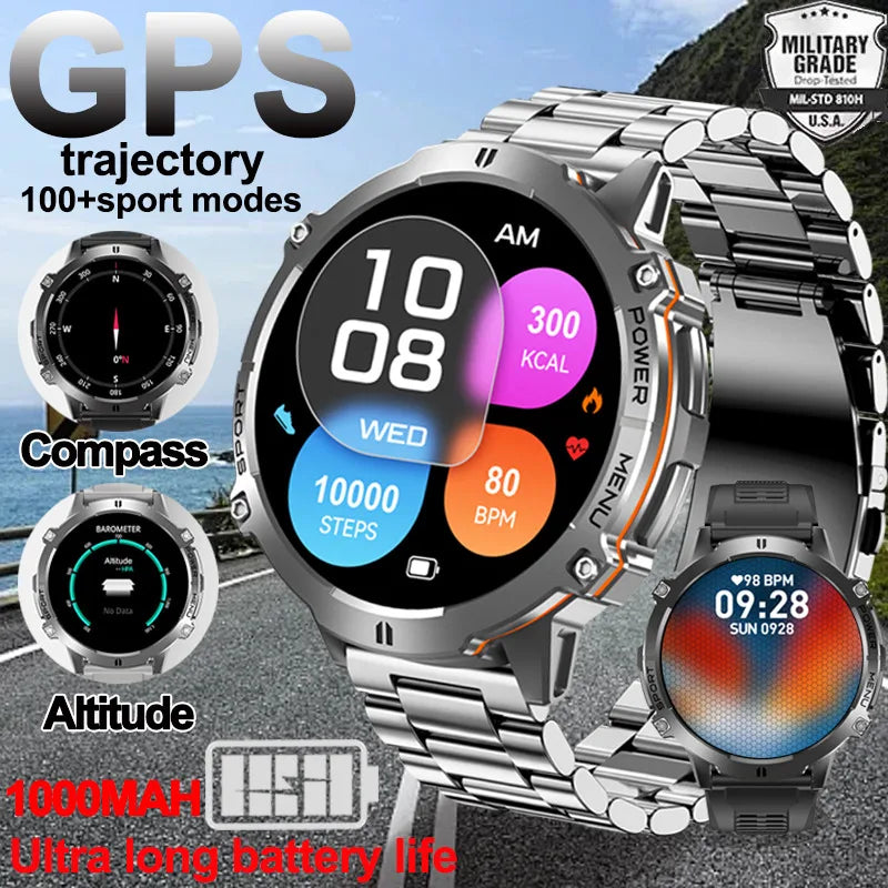 NEW 1000MAH Super endurance Sport Smart Watch Men 1.73-inch HD Screen GPS tracker Compass Bluetooth Call Waterproof Smart Watch