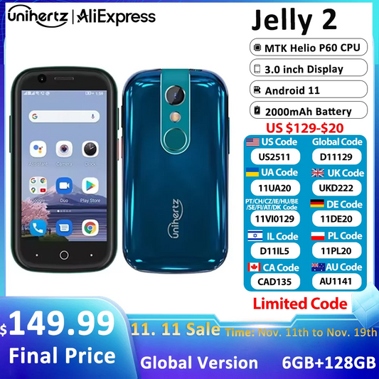 Unihertz Jelly 2 Mini Smartphone 6GB 128GB Android 11 Helio P60 Octa Core Unlocked NFC Cellphone 16MP Infrared Phone