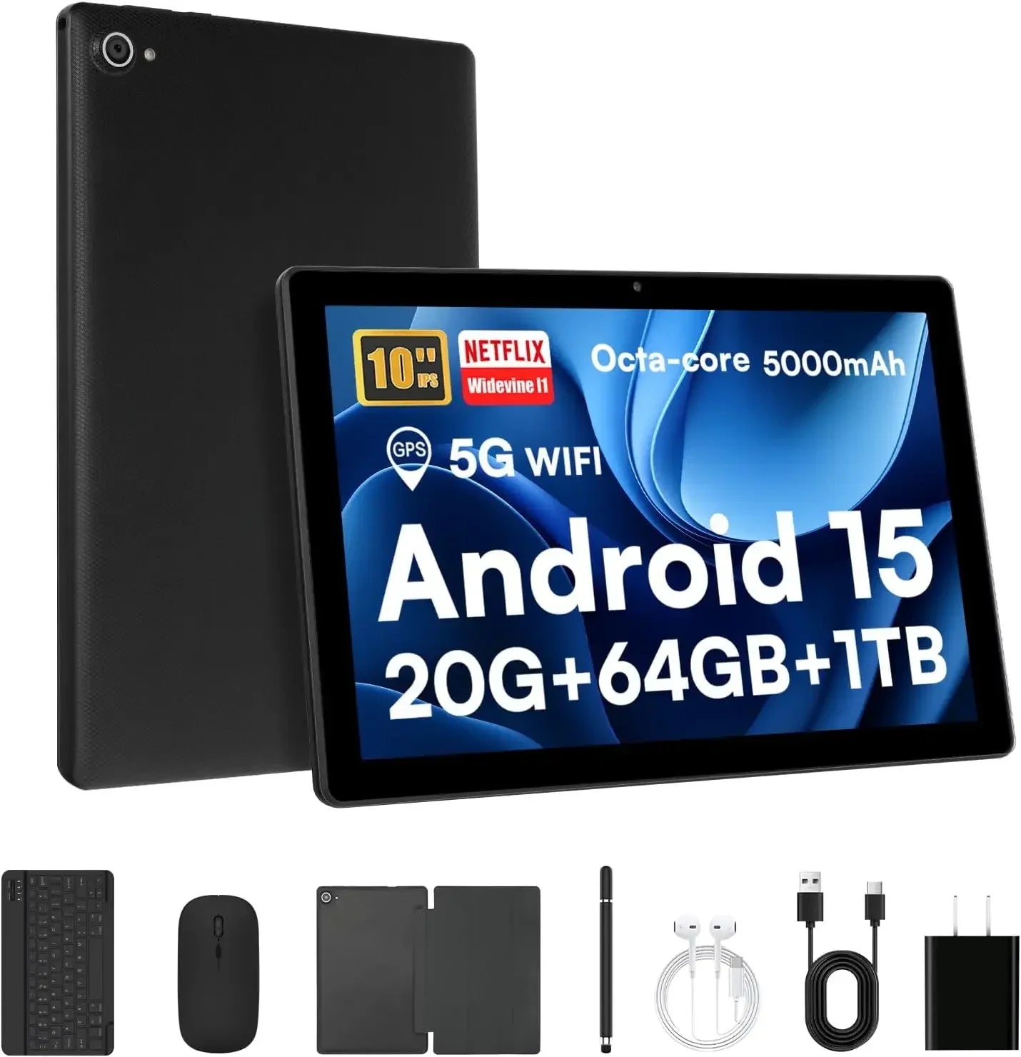Newest Tablet 10 Inch Android 15 Octa-Core 20GB RAM 64GB ROM 1280x800 IPS Tablets PC WiFi6 Bluetooth5.3 Widevine L1 Keyboard Set