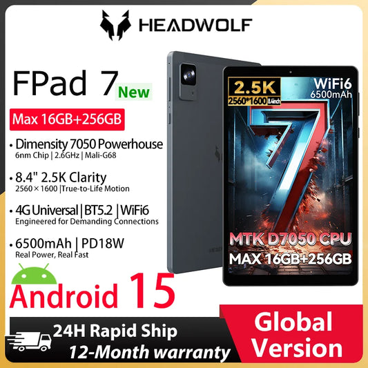 Headwolf FPad7 8.4inch Tablet Android14 MTK Dimensity 7050 CPU 2560x1600 IPS/16GB+256GB/6500mAh/ 4G LTE Tablets
