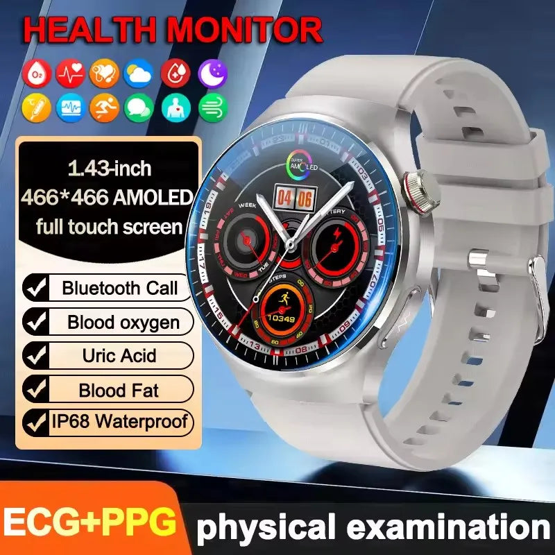 2025 New ECG Blood Pressure Blood Oxygen Blood Lipids Uric Acid Heart Rate Temperature Monitor AMOLED Bluetooth Call Smart Watch