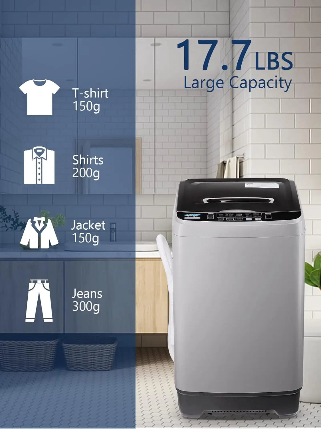 KRIB BLING Full Automatic Washing Machine with LED Display 17.7 lbs Portable Washer Drain Pump 10 Programs & 8 Water Levels