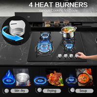 60cm Built-in Gas Hob 4 Burner | Auto Thermocouple & Safety Lock | 4-Zone Tempered Glass 8060W with Auto Ignition