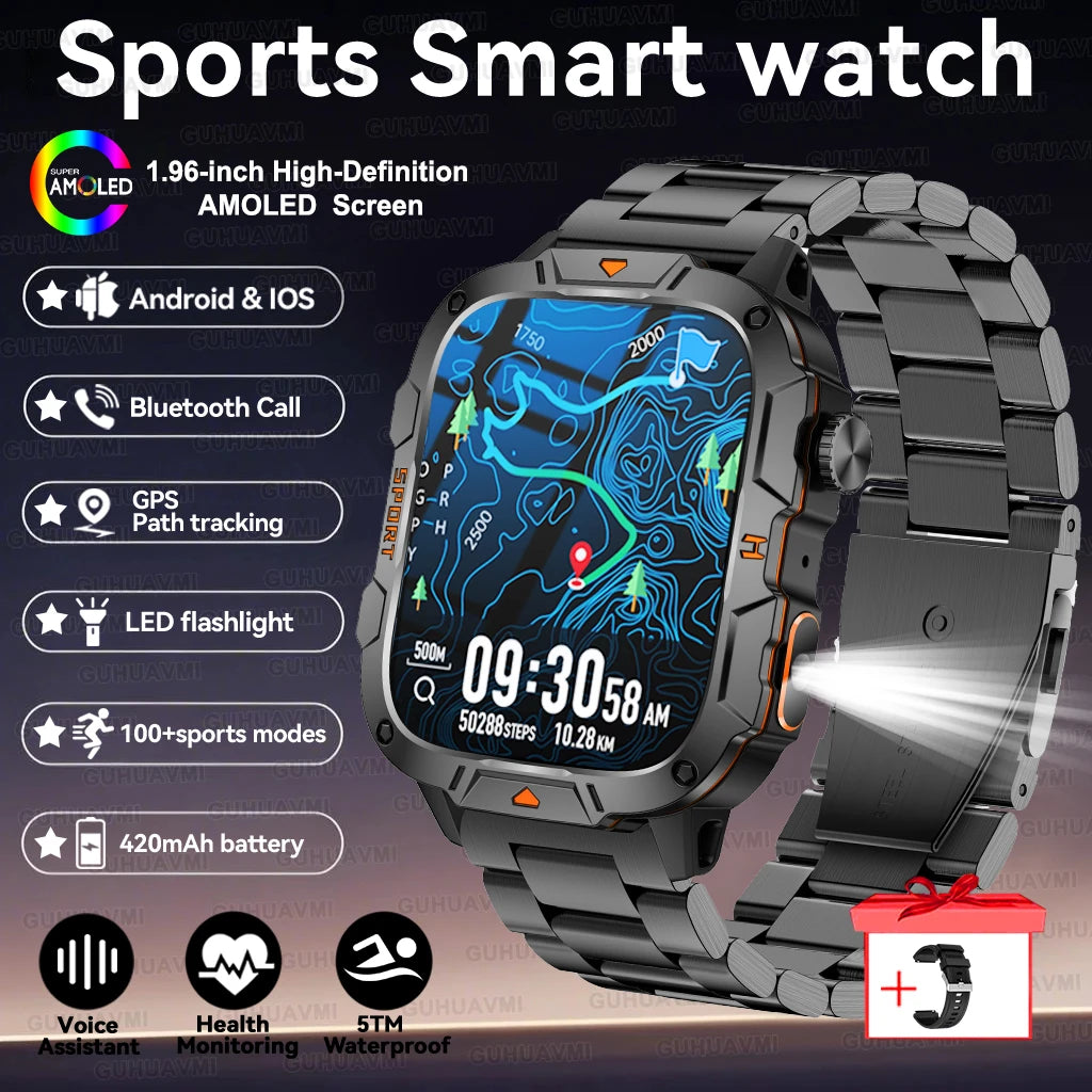 2025New Rugged Military GPS Track Smart Watch Men Bluetooth Call 5ATM Waterproof Flashlight Outdoor Sports SmartWatch For Xiaomi