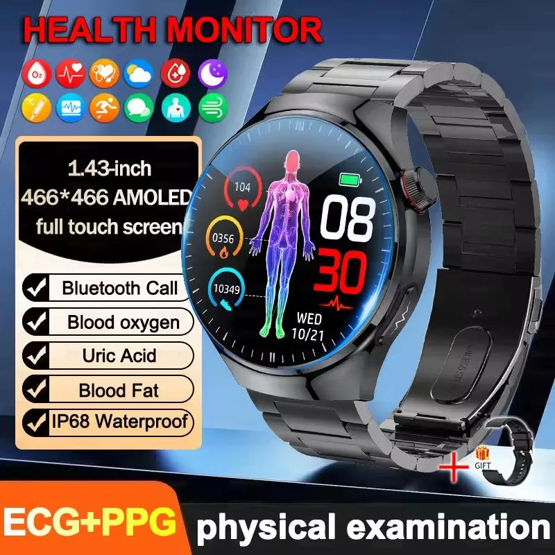 2025 New ECG Blood Pressure Blood Oxygen Blood Lipids Uric Acid Heart Rate Temperature Monitor AMOLED Bluetooth Call Smart Watch