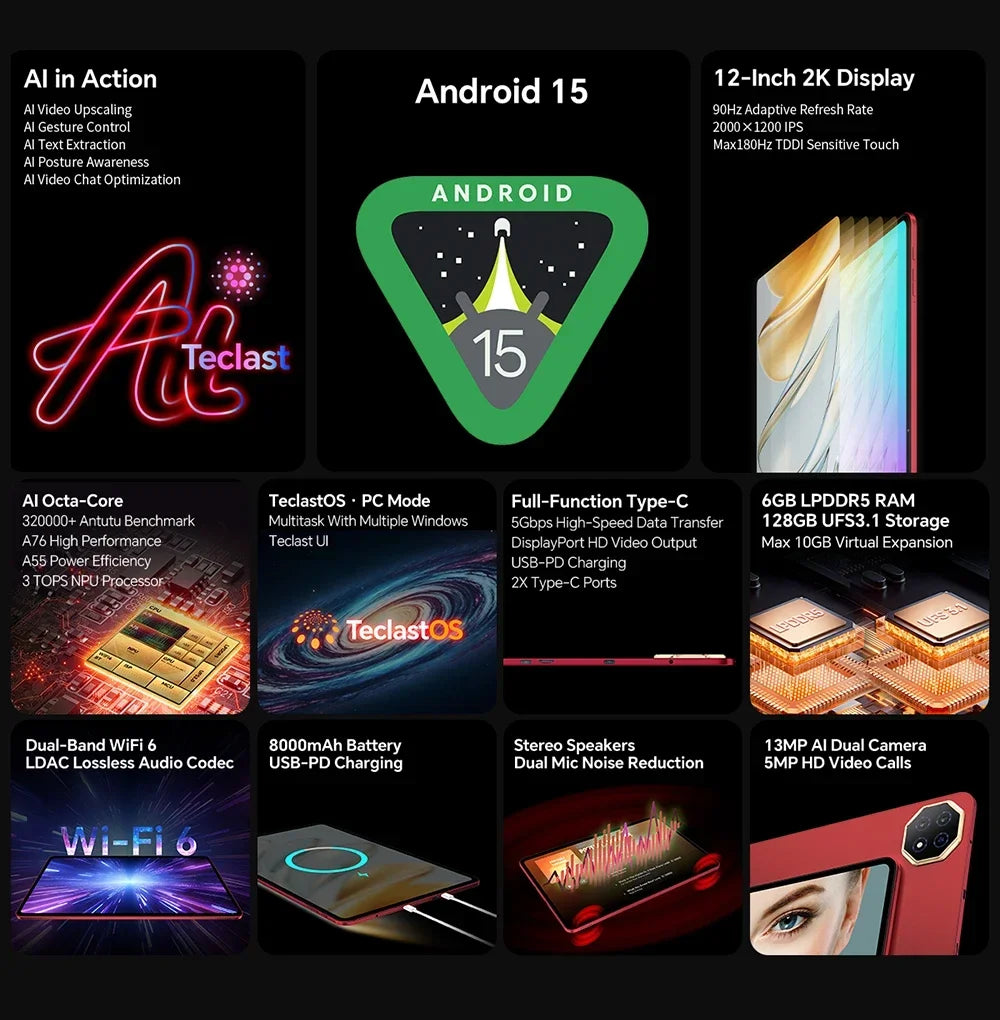 Teclast T60 AI Tablet Allwinner A733 Octa-Core 12inch 2K HD TDDI Screen 6GB RAM 128GB ROM Android 15 WiFi6 8000mAh 13MP+5MP