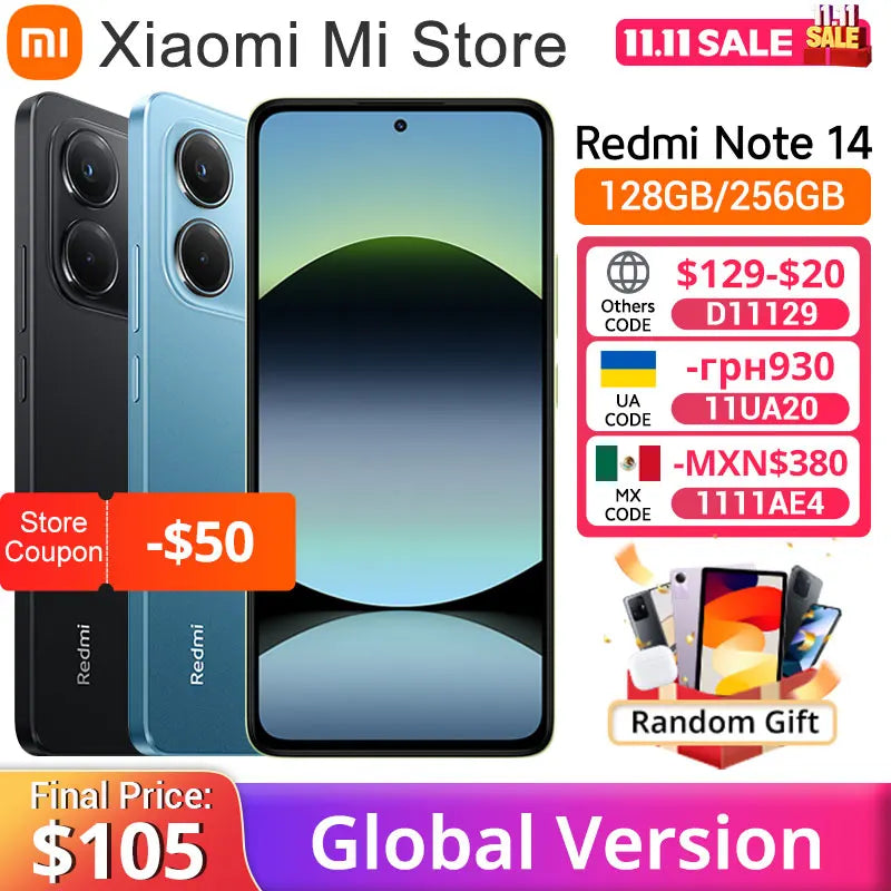 【Brand+】Global Version Xiaomi Redmi Note 14 MediaTek Helio G99-Ultra 108MP AI 5500mAh 6.67" AMOLED 120Hz Display