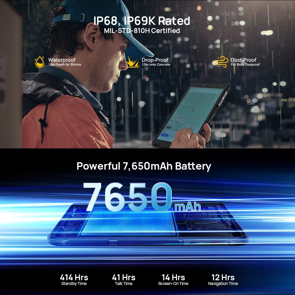 Ulefone Armor Pad Rugged Tablet 4GB RAM 64GB ROM 7650mAh 8.0'' HD+ Display 4G Android 12 Tablet Phone IP68/IP69K 13MP Camera
