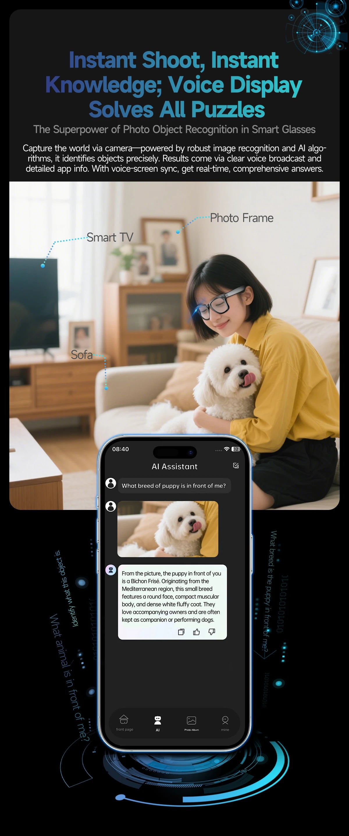 Smart Glasses 800W Pixel HD Camera Bluetooth Call Video Recording AI intelligent Real-time translation Object recognion Sunglass