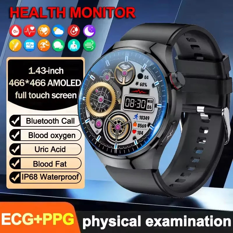 2025 New ECG Blood Pressure Blood Oxygen Blood Lipids Uric Acid Heart Rate Temperature Monitor AMOLED Bluetooth Call Smart Watch