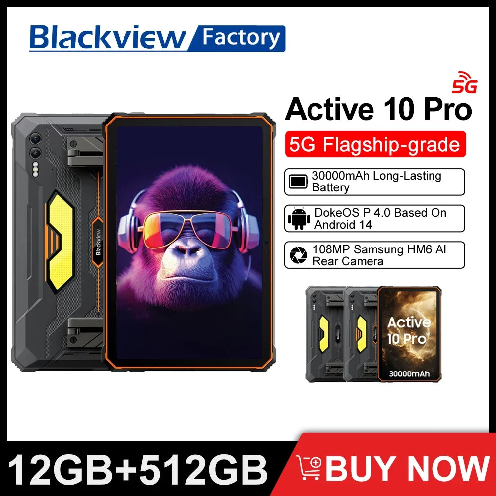 Blackview Active 10 Pro 5G Rugged Tablets 11" FHD+ Display 12GB 256G/512GB Android 14 30000mAh Battery 108MP Camera MTK 7300