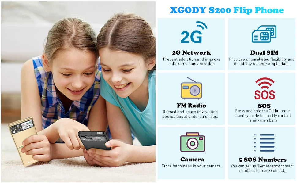 XGODY S200 Mini Smartphones Pocket 2G Dual SIM 2.4 inch Bluetooth Small Mobile Phone 1300mAh Battery Large Button Flip Foldable