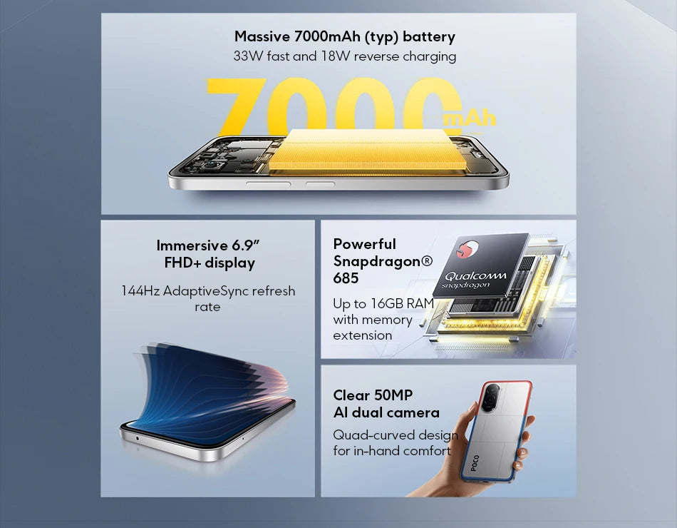 POCO M7 Global Version Smartphone 128GB 256GB Snapdragon 685 7000mAh battery Immersive 6.9" FHD+ Display NFC 33W Charging