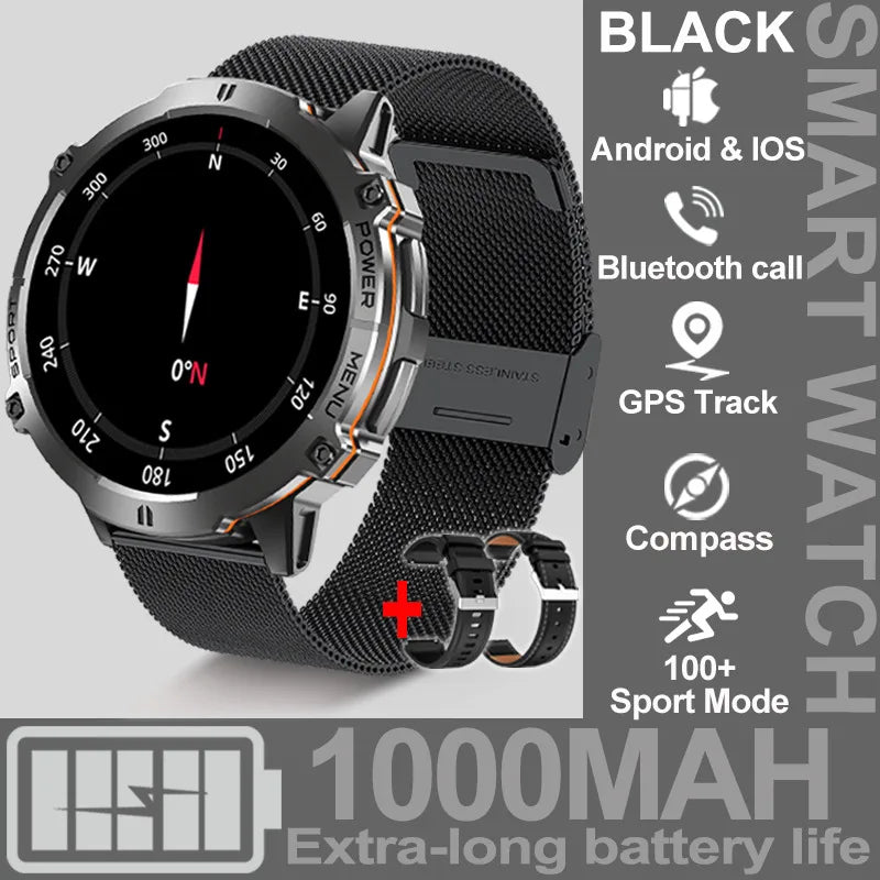 NEW 1000MAH Super endurance Sport Smart Watch Men 1.73-inch HD Screen GPS tracker Compass Bluetooth Call Waterproof Smart Watch