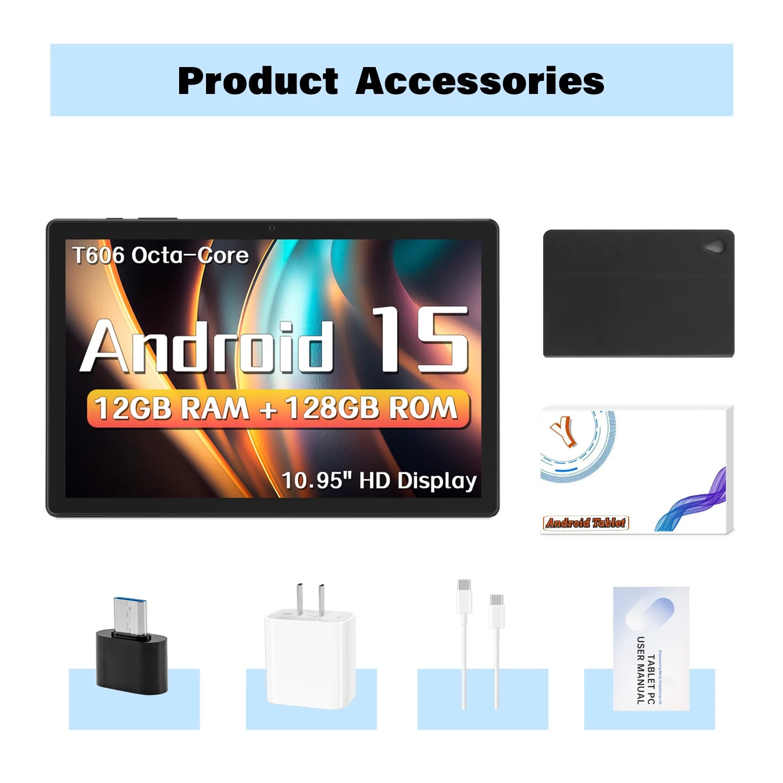 ANRY 10.95-inch HD Display Tablet Android 15 12GB RAM 128 ROM 2.4G/5G WiFi T606 Octa-Code 8000mAh Android Tablets with Case