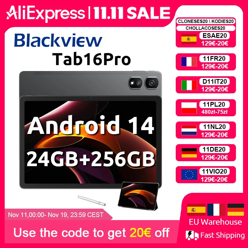 Blackview Android 14 Tab 16 Pro 11 Inch Touch Tablet 2K Screen 24GB +256GB 4G LTE+5G WiFi Gaming Tablets with Protective Shell