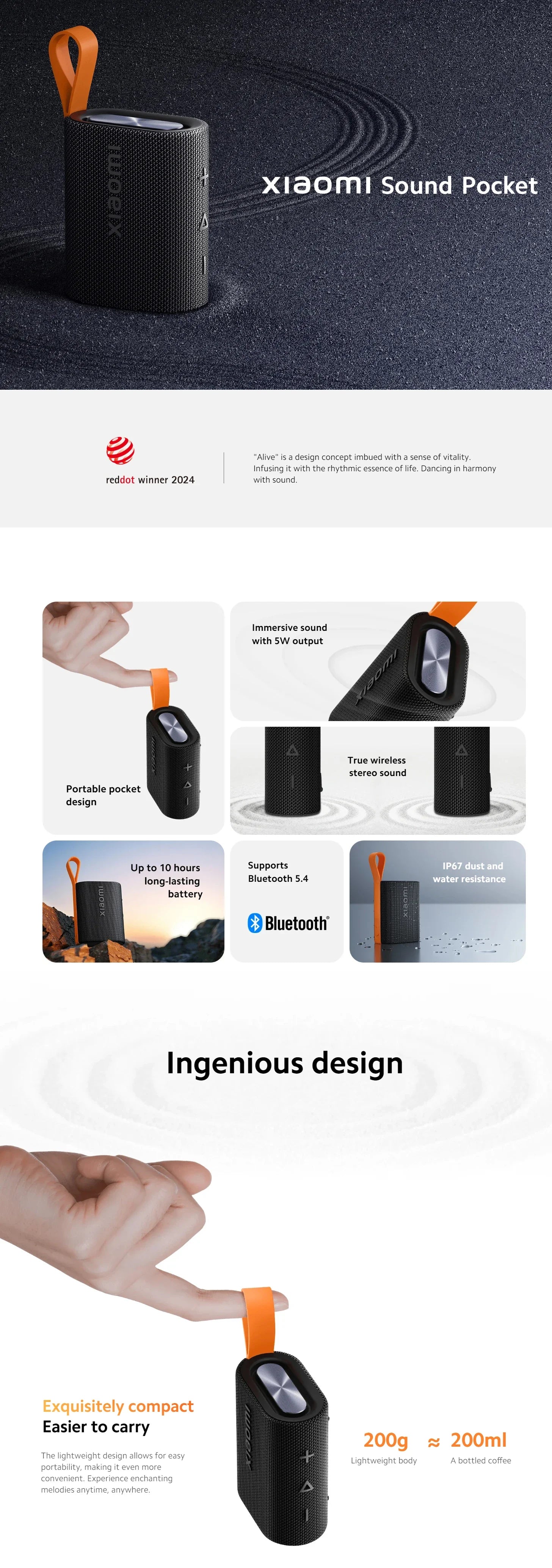 Global version Xiaomi Sound Pocket IP67 Bluetooth 5.4 Portable Speaker TWS Stereo Combo 1000mAh 10-Hour Battery Life Microphone