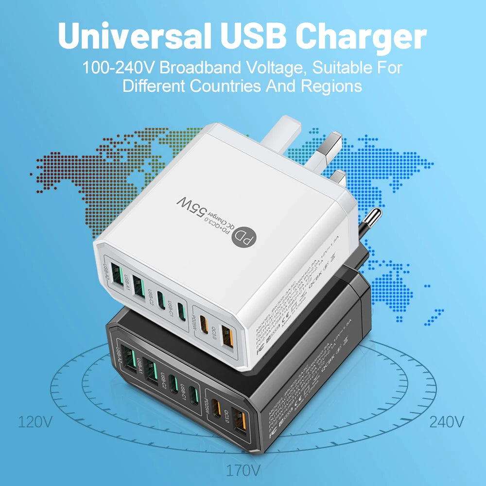 55W 3 USB 3 PD Charger Fast Charging QC3.0 Travel Charger For iPhone 15 14 Samsung Xiaomi Mobile Phone Adapter EU KR US UK Plug