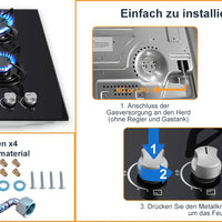 60cm Built-in Gas Hob 4 Burner | Auto Thermocouple & Safety Lock | 4-Zone Tempered Glass 8060W with Auto Ignition