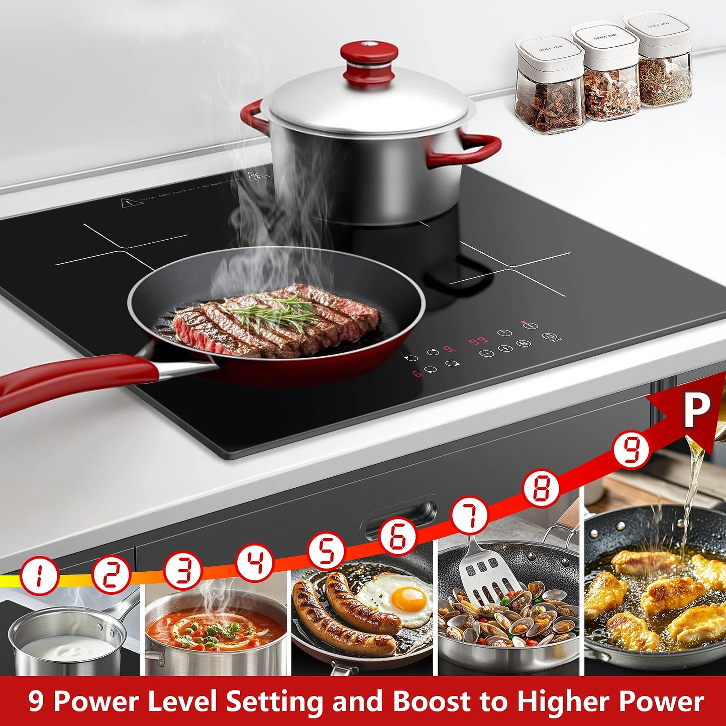 Induction Hob 4 Plates Built-in Electric Cooktop 60cm Booster Touch Control 6000W 9 Power Levels 1-99Minute Timer Child Lock