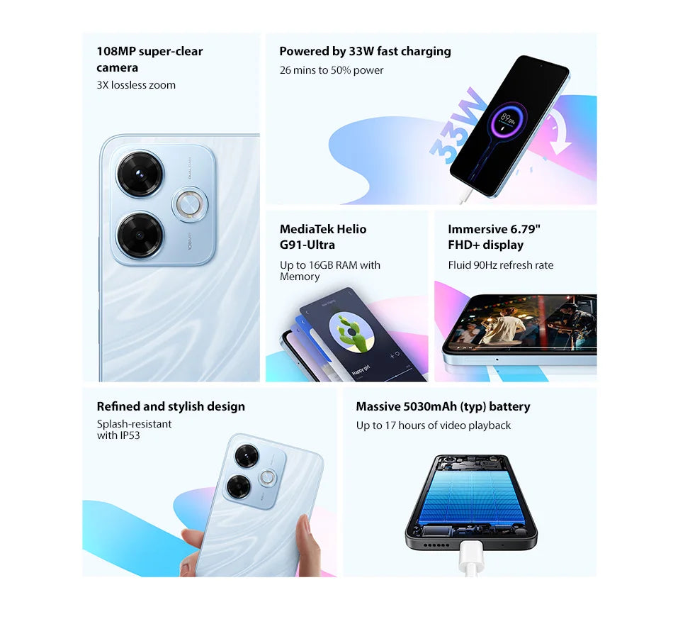 Global Version Xiaomi Redmi 13X Smartphone MTK Helio G91 Ultra 108MP super clear camera 6.79" FHD+ display 33W fast charging