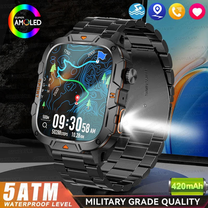 2025New Rugged Military GPS Track Smart Watch Men Bluetooth Call 5ATM Waterproof Flashlight Outdoor Sports SmartWatch For Xiaomi