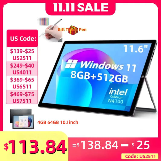 8GB RAM 512GB SSD ROM 11.6 Inch Windows 11 Tablet PC Intel Celeron Processor N4100 CPU 1920 x 1080 Pixel 2 x USB 3.0 Port Type-C