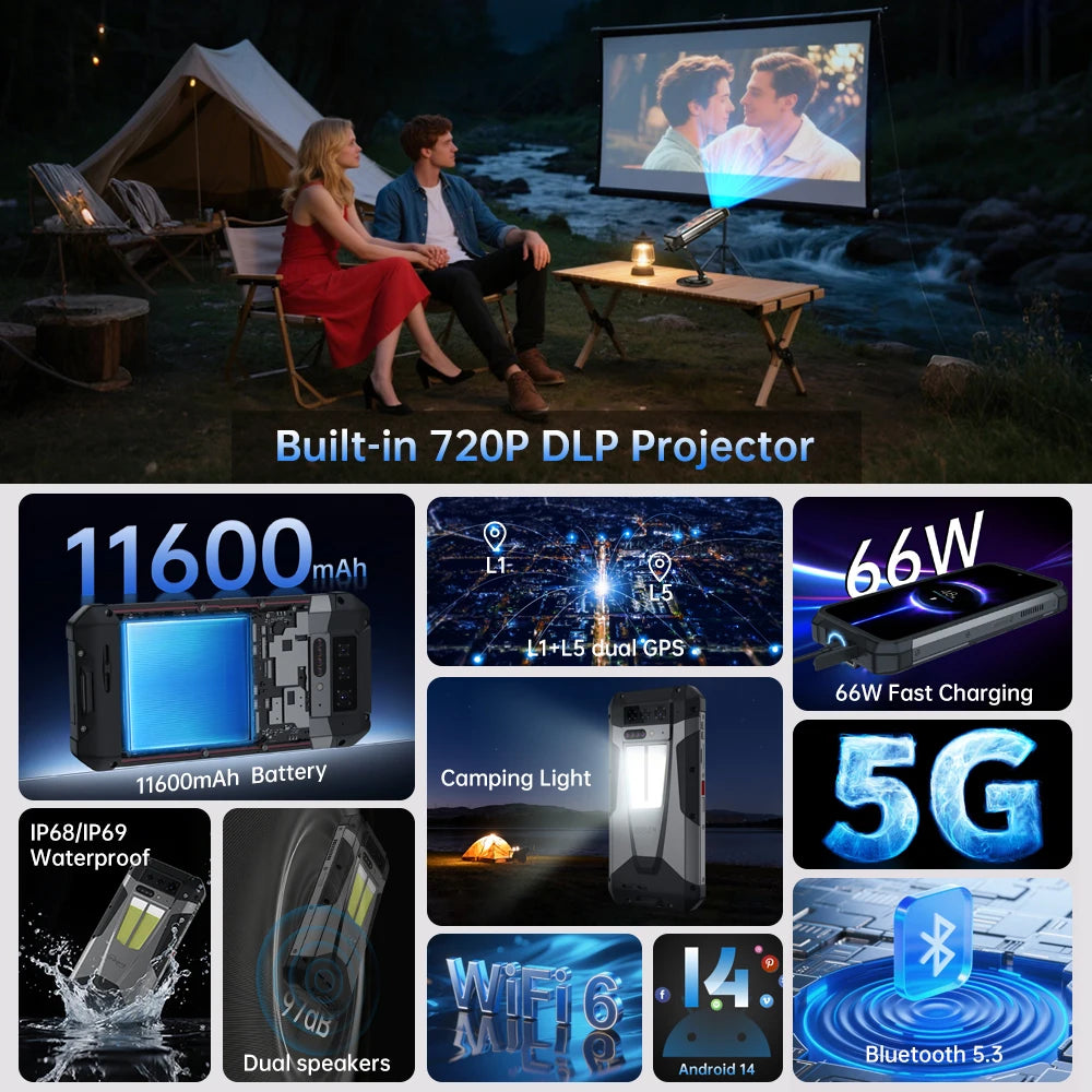 8849 Tank 4 Unihertz Rugged Smartphone Projector 720P 100 Lumens 6.78'' AMOLED 512G Android14 11600mAh 5G Dimensity 7300 120Hz