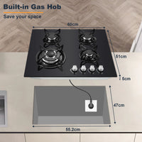 60cm Built-in Gas Hob 4 Burner | Auto Thermocouple & Safety Lock | 4-Zone Tempered Glass 8060W with Auto Ignition