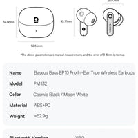 Baseus EP10 Pro ANC Earbuds Wireless Bluetooth 6.0 Earphones 50dB Realtime Adaptive Headphones 6 Mic Hi-Res LDAC IP55  Ear buds