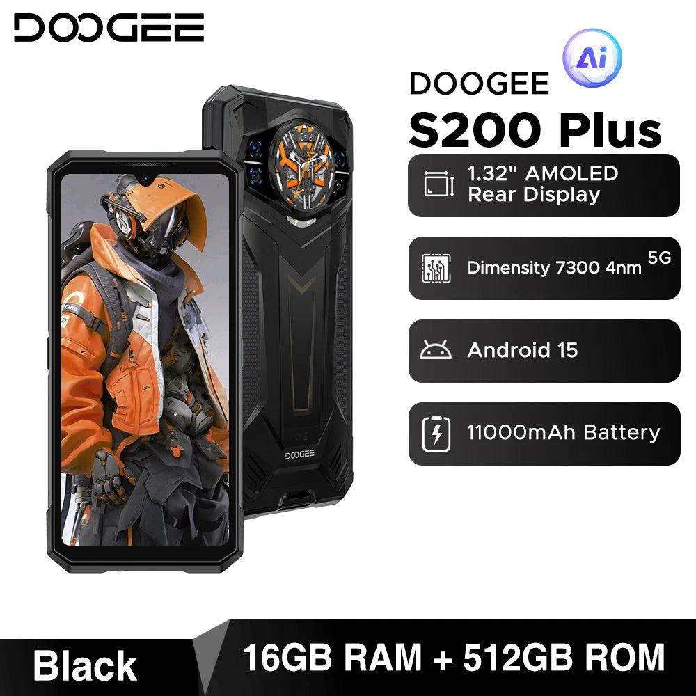 DOOGEE S200 Plus 5G Rugged Phone 1.32" Rear Display AI Image 6.72'' Screen 16GB 512GB 11000 mAh Battery Android 15 Smartphone