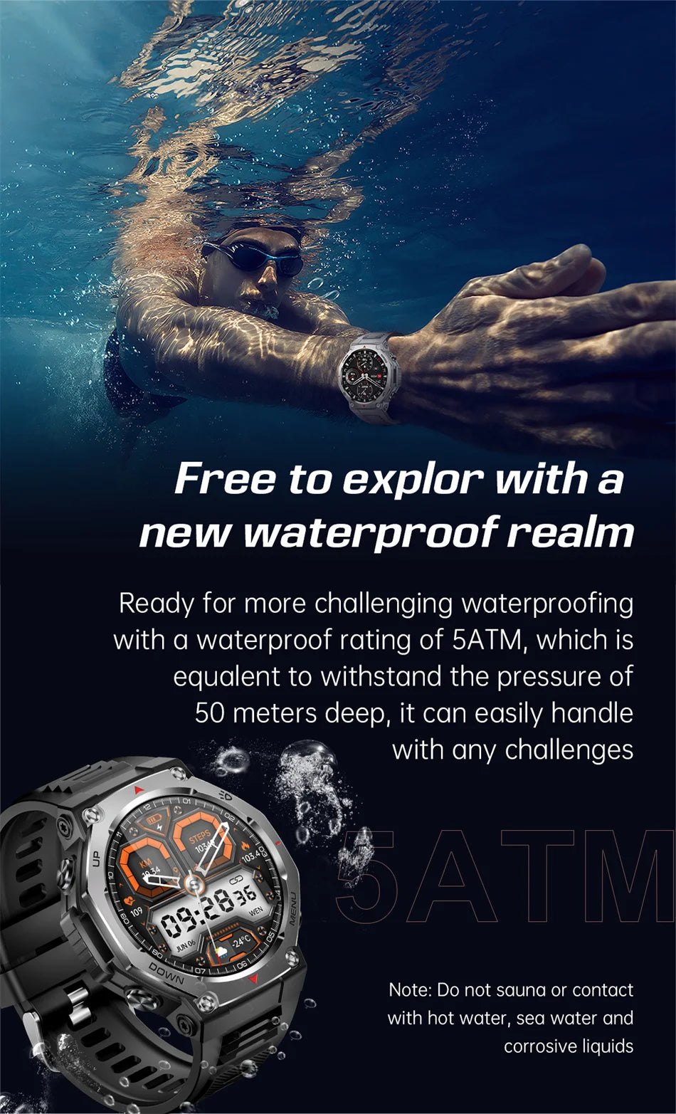 New Outdoor Sports Smart Watch Men For Xiaomi 5 ATM Waterproof GPS Motion Track Heart Rate HD Bluetooth Call UV Light SmartWatch