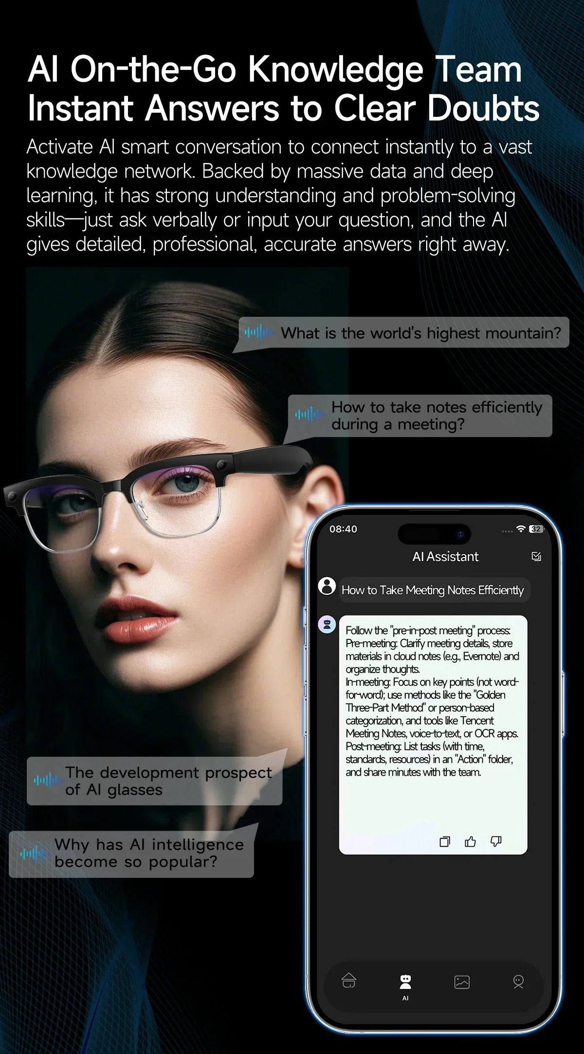 Smart AI Translation Smart Glasses Take Photos Recognizing Objects 4K Camera Bluetooth Music Call Intelligent Recording Glasses