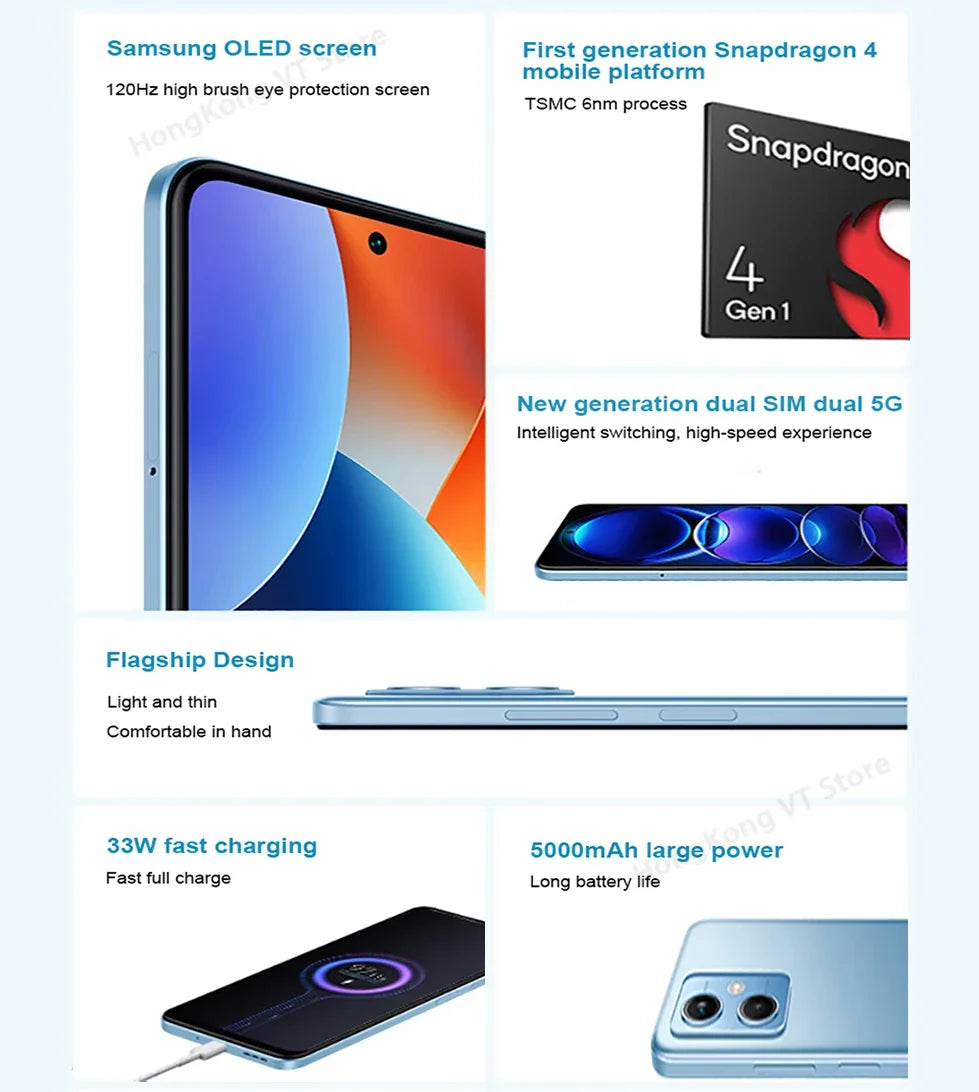 Global Rom Xiaomi Redmi Note 12 5G Smartphone 128GB/256GB 6.67'' GOLED Display 120Hz Snapdragon 4 Gen1 48MP Dual Camera 33W used