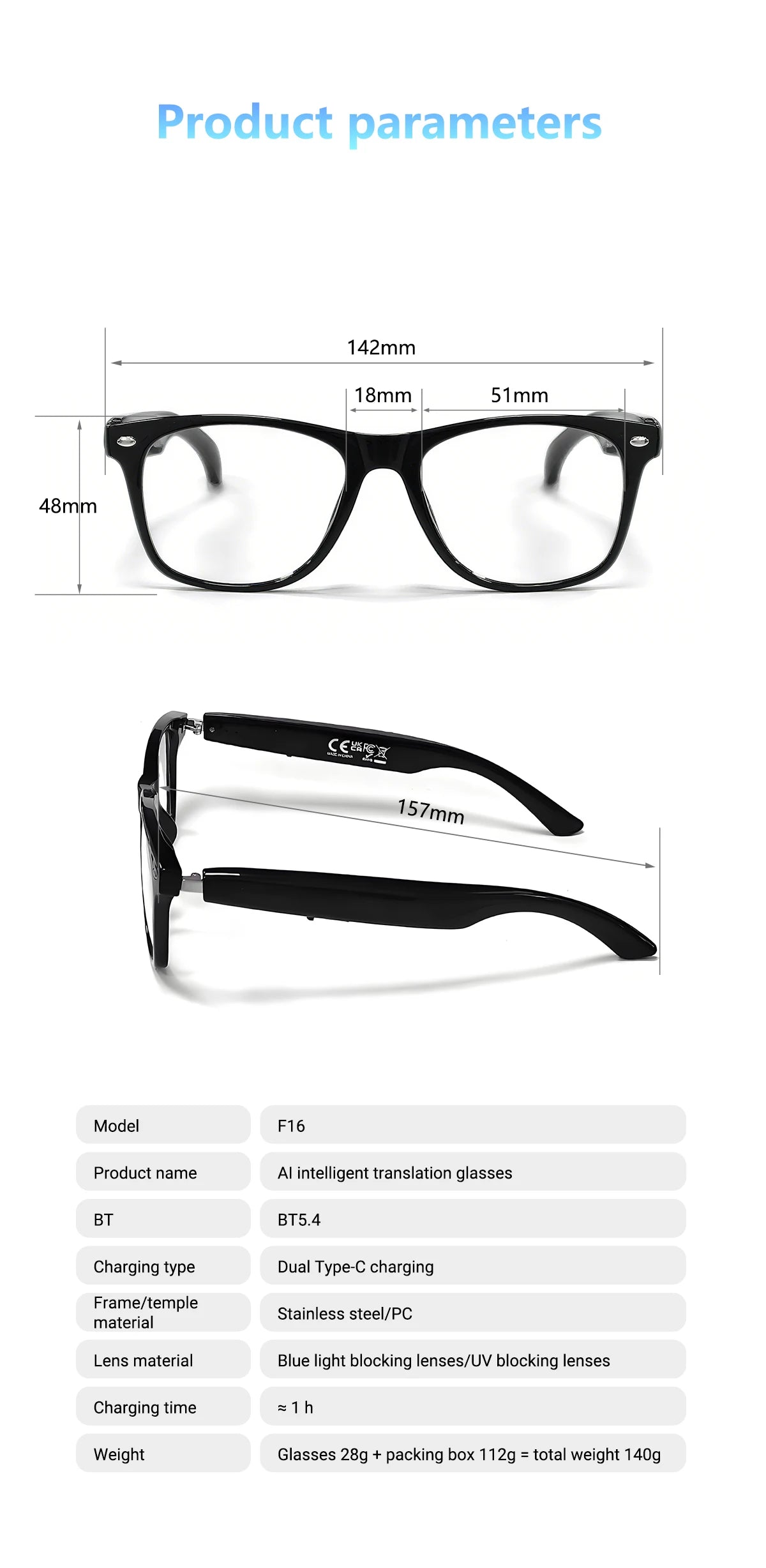 F16 Specification of AI Intelligent Translation Glasses Sunglasses Voice Remote Control Music sports spectacles Eyeglasses