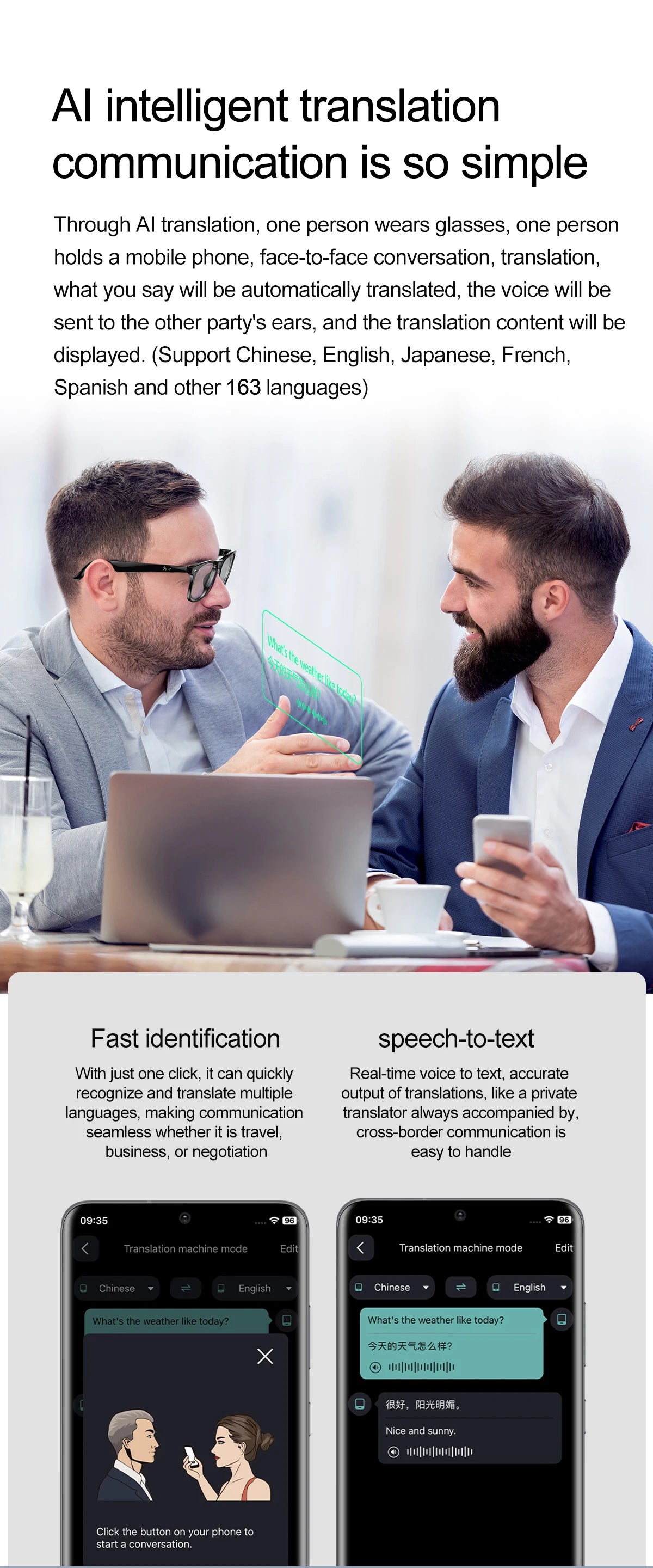 W100 Smart Glasses 163 Online Language AI Automatic Dialogue Translation Bluetooth Glasses with Speaker Sports UV Protection New